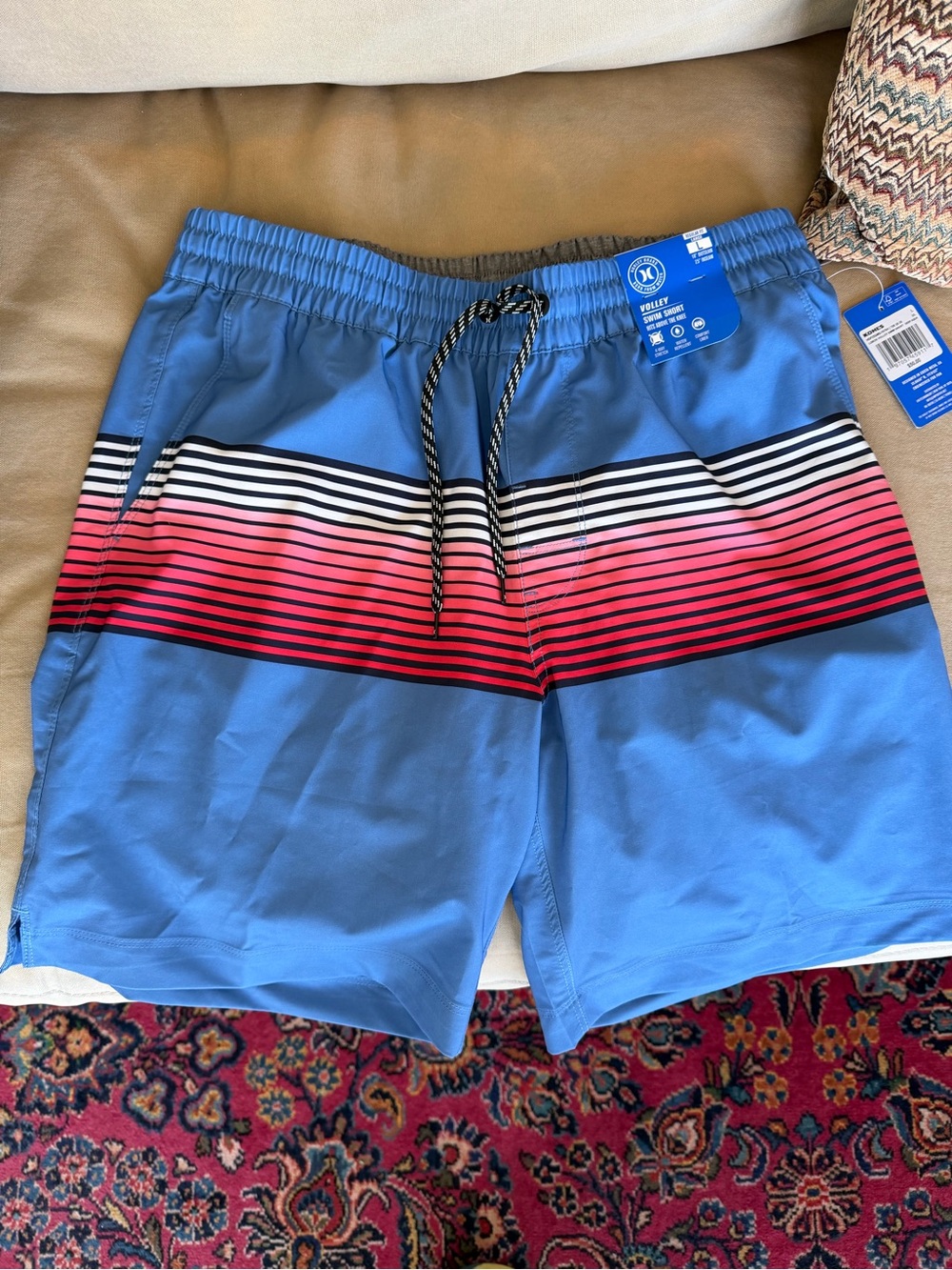 Hurley Blue Swim Trunks with Pink and Black Stripe Band